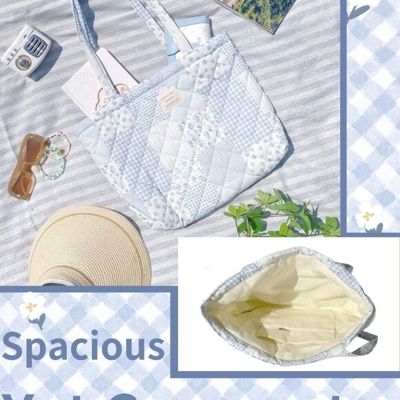 Cotton Quilted Tote Bag Medium Floral Large Capacity Lightweight Durable - Picture 5 of 7